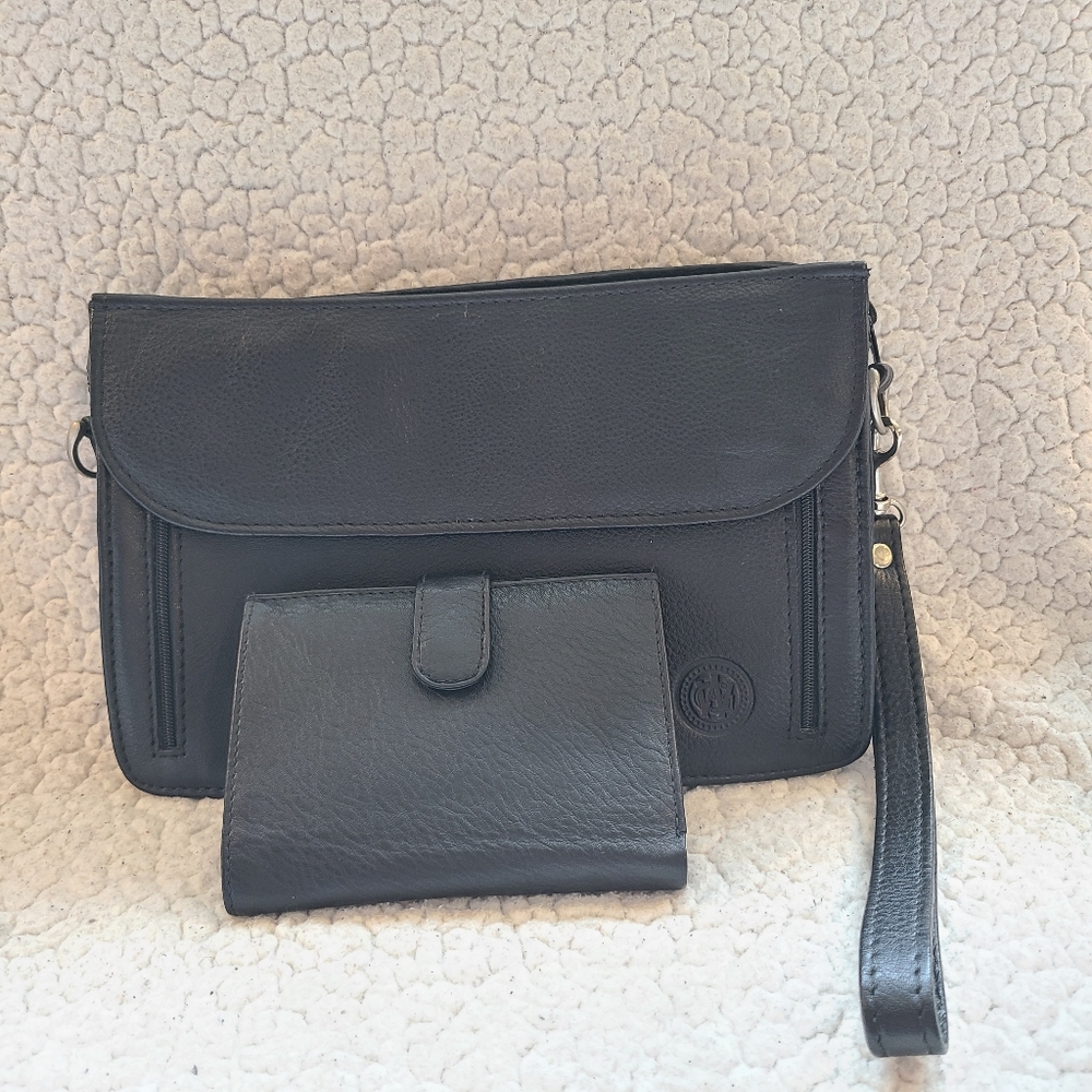 GrandWest black leather clutch/wristlet and wallet